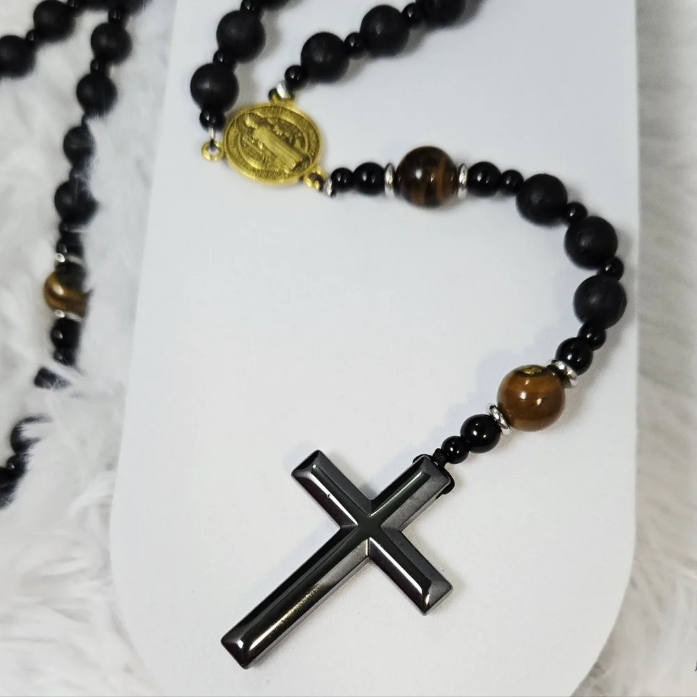 Tiger Eye Lava Stone Rosary Necklace St Benedict Medal Hematite Cross Masculine